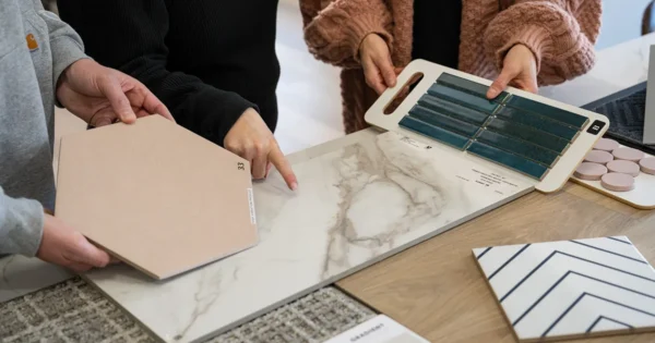 Homeowner comparing flooring samples with a Star flooring consultant in Wichita KS